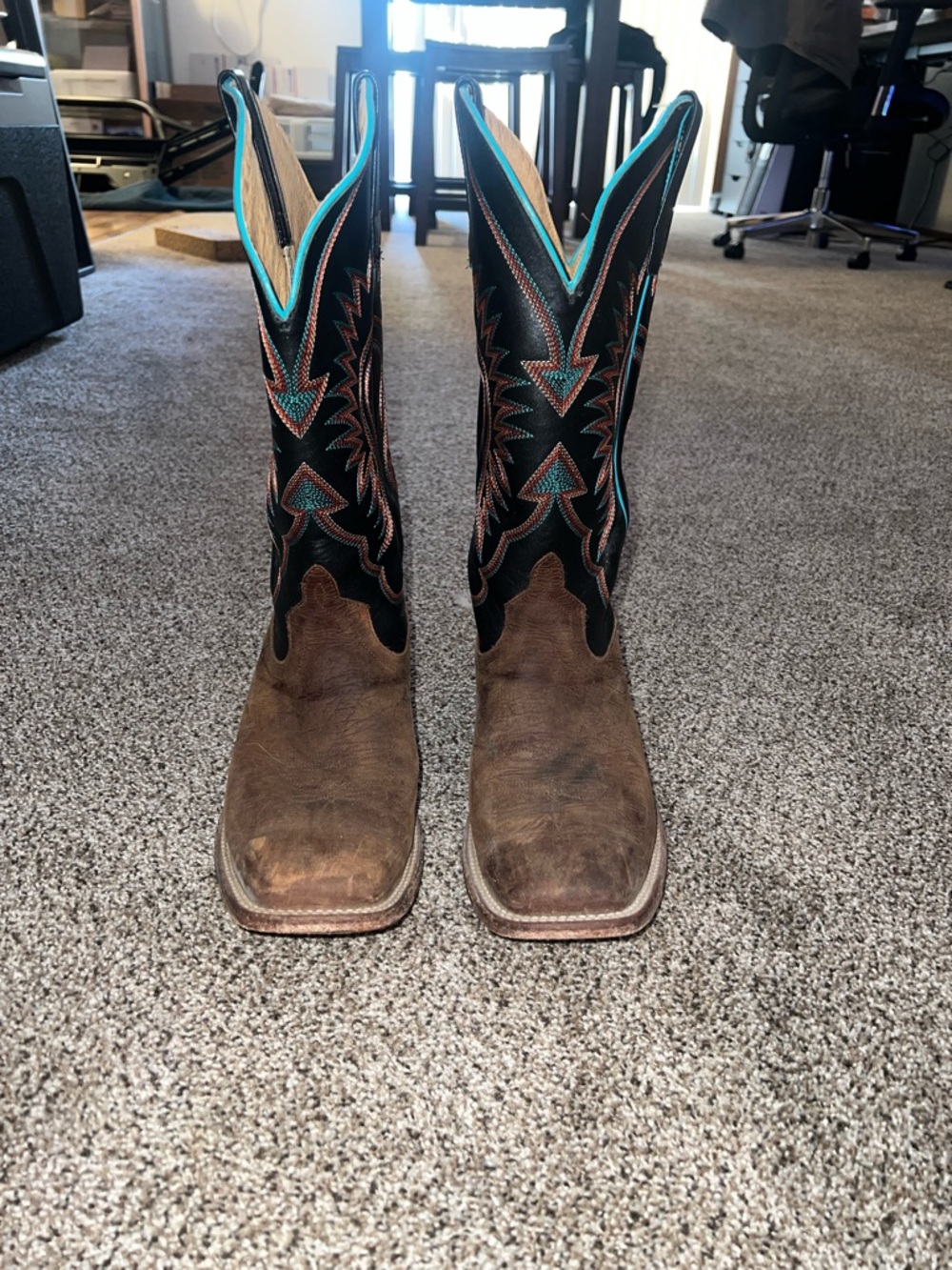 Classic Men's Brown & Black Western Cowboy Boots with Turquoise Stitching